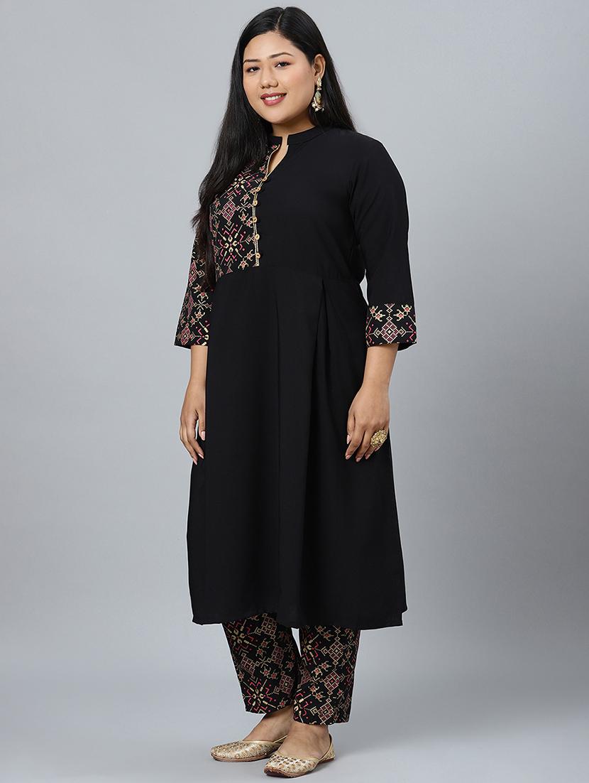 black crepe kurta pant set - 17594646 - Standard Image - 2