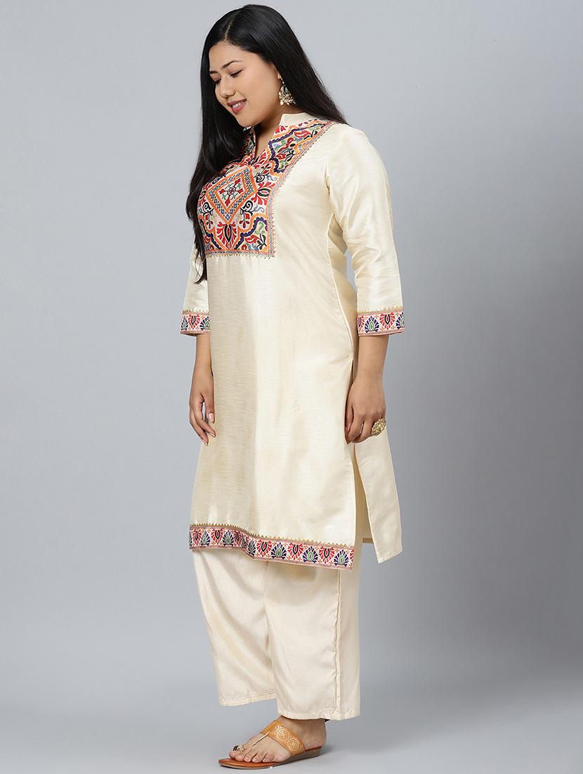 cream art silk kurta palazzo set - 17594657 - Standard Image - 2