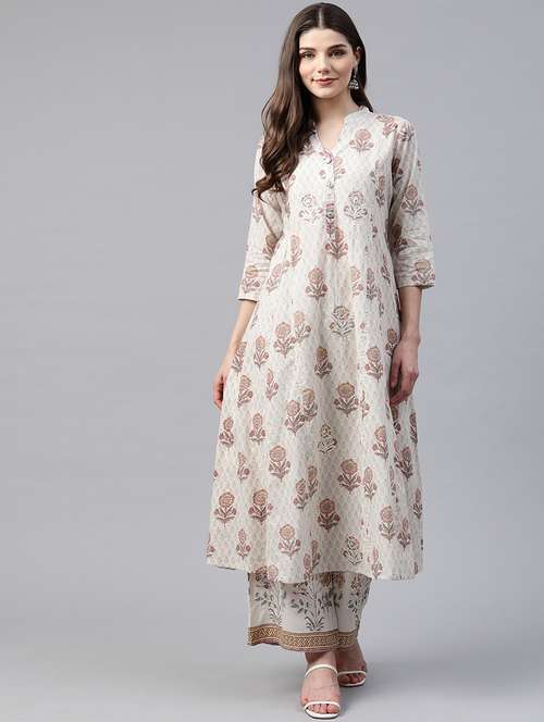 offwhite cotton kurta palazzo  set - 17595846 -  Standard Image - 0