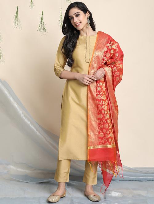 women three quarter sleeve kurta pant with dupatta set - 17597378 -  Standard Image - 0