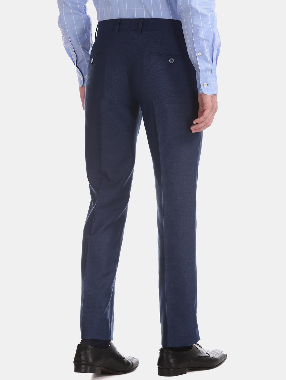 navy blue textured flat front formal trouser - 17597766 - Standard Image - 2