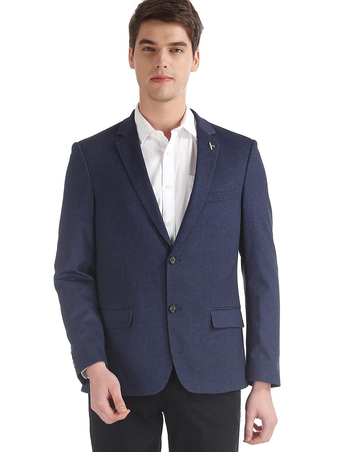 navy blue self design single breasted formal blazer