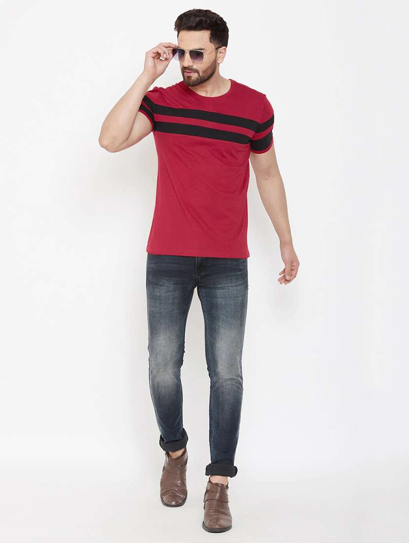 maroon color block cut & sew t-shirt - 17601434 -  Standard Image - 2