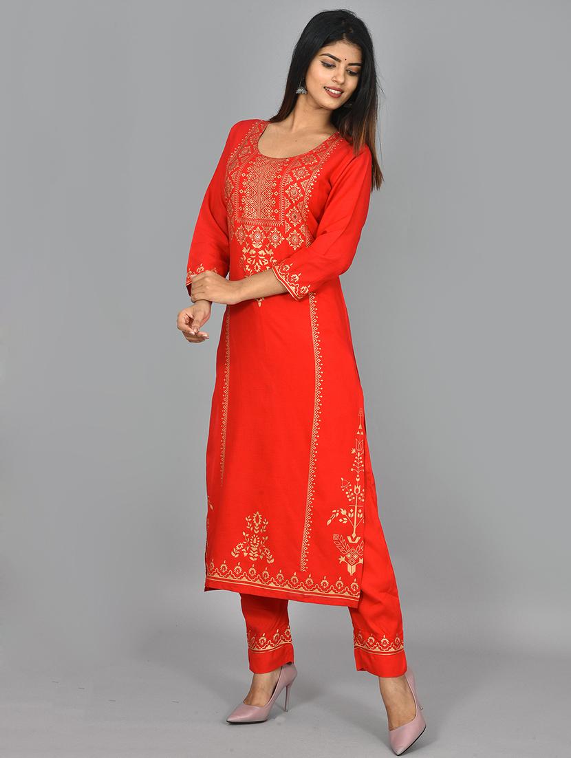 red rayon kurta pant set - 17602173 - Standard Image - 2