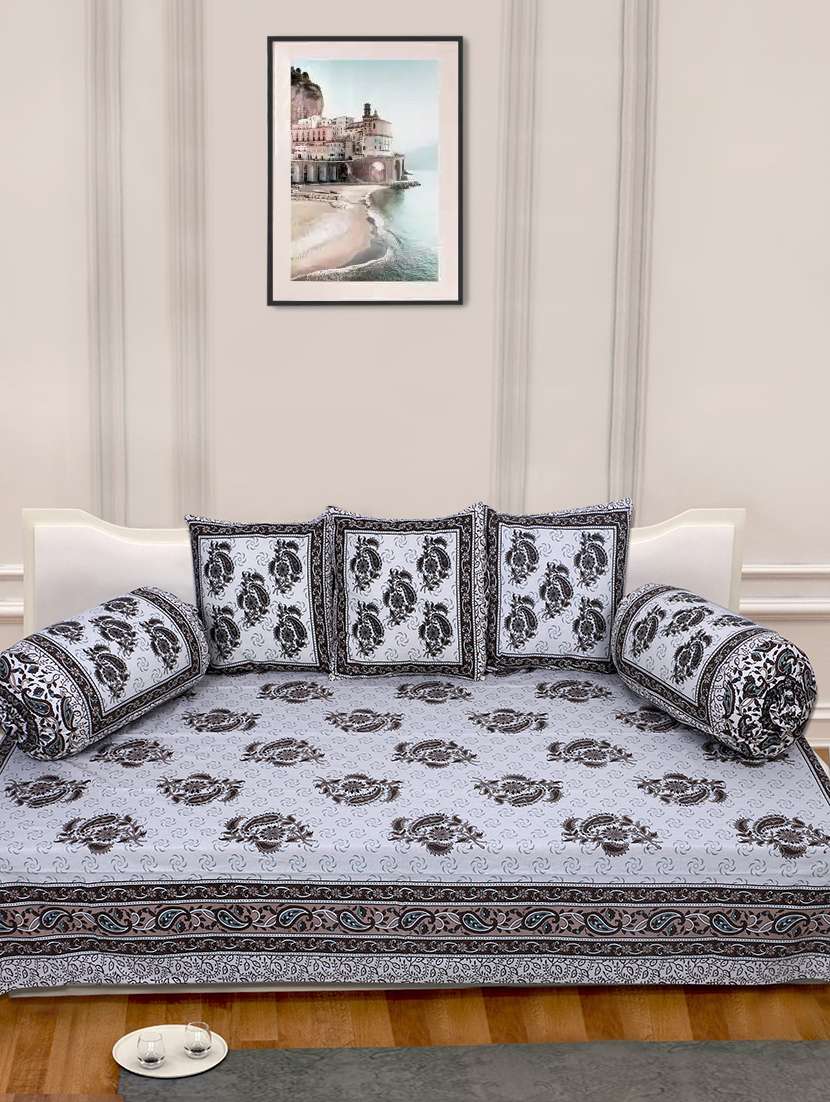 indhome life 100%cotton jaipuri print diwan set with 1single bedsheet with 3cushions covers and 2 bolster covers (pack of 6)