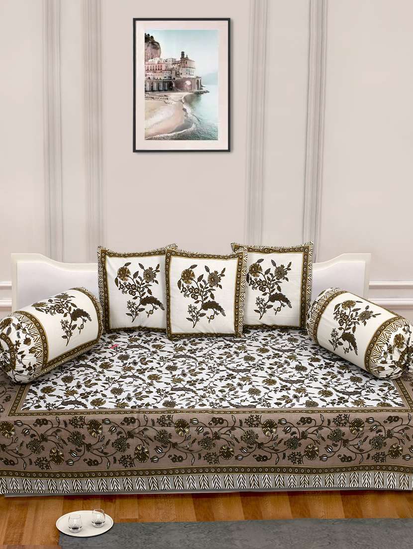 indhome life 100%cotton jaipuri print diwan set with 1single bedsheet with 3cushions covers and 2 bolster covers (pack of 6)