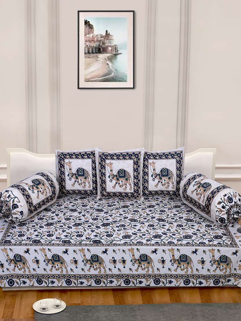 indhome life 100%cotton jaipuri print diwan set with 1single bedsheet with 3cushions covers and 2 bolster covers (pack of 6)