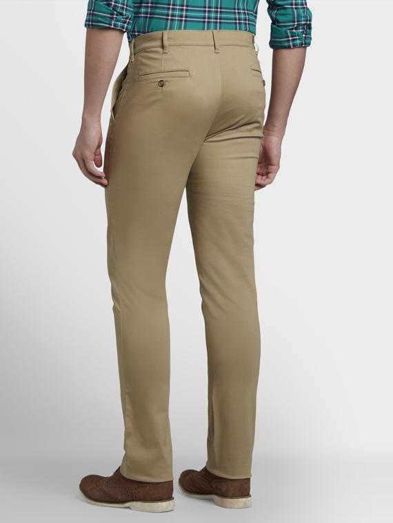 khaki solid flat front casual trouser - 17605060 - Standard Image - 2