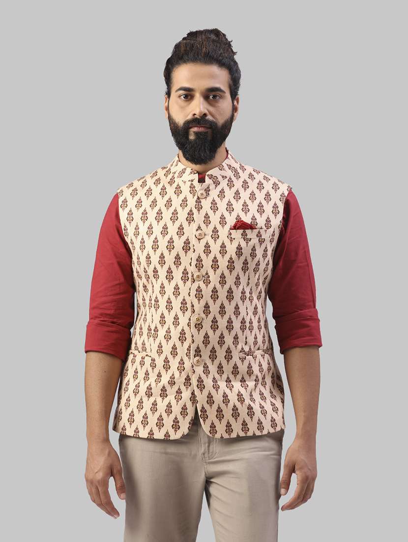 beige printed nehru jacket