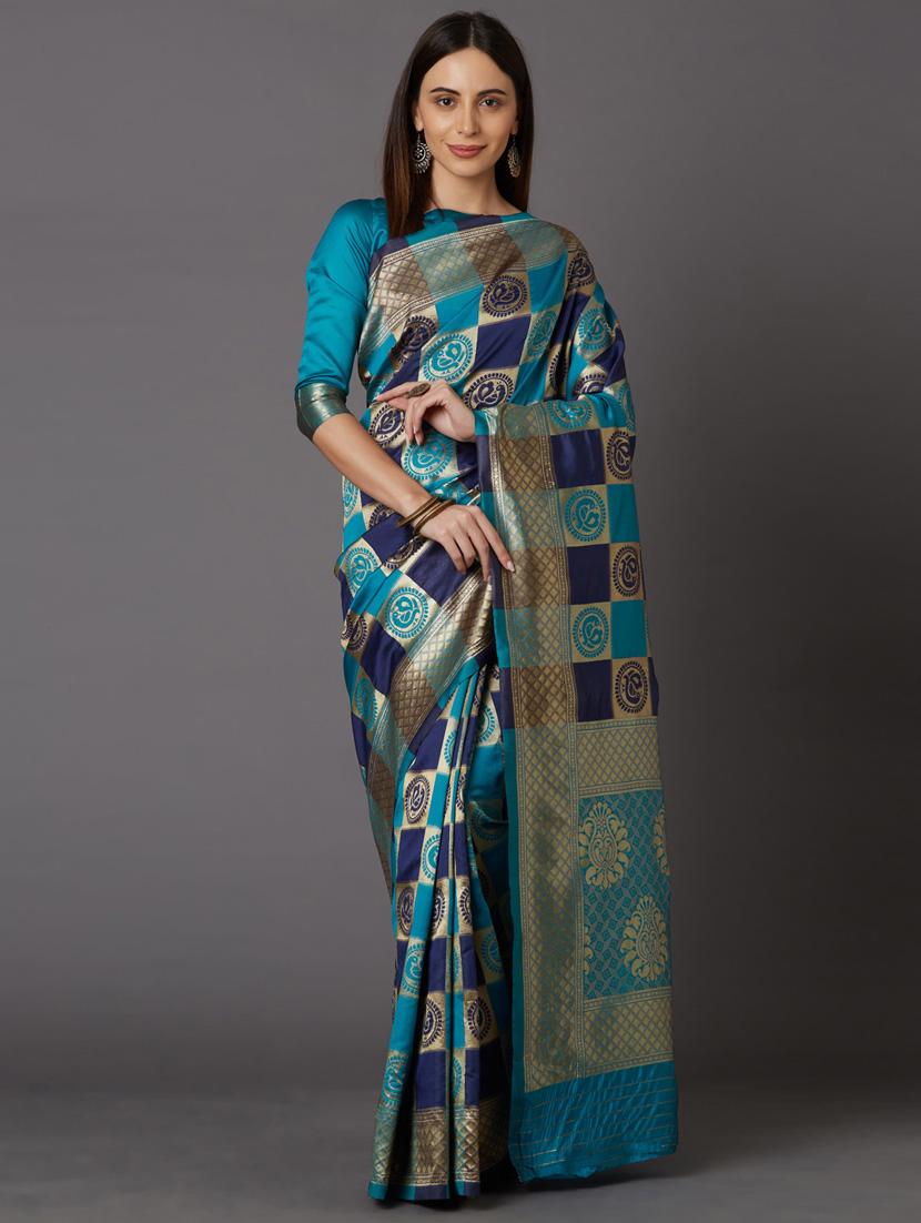 women's checks turquoise colored saree with blouse