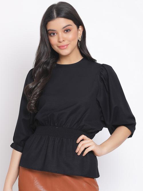 smocked waist solid top - 17620649 - Standard Image - 0