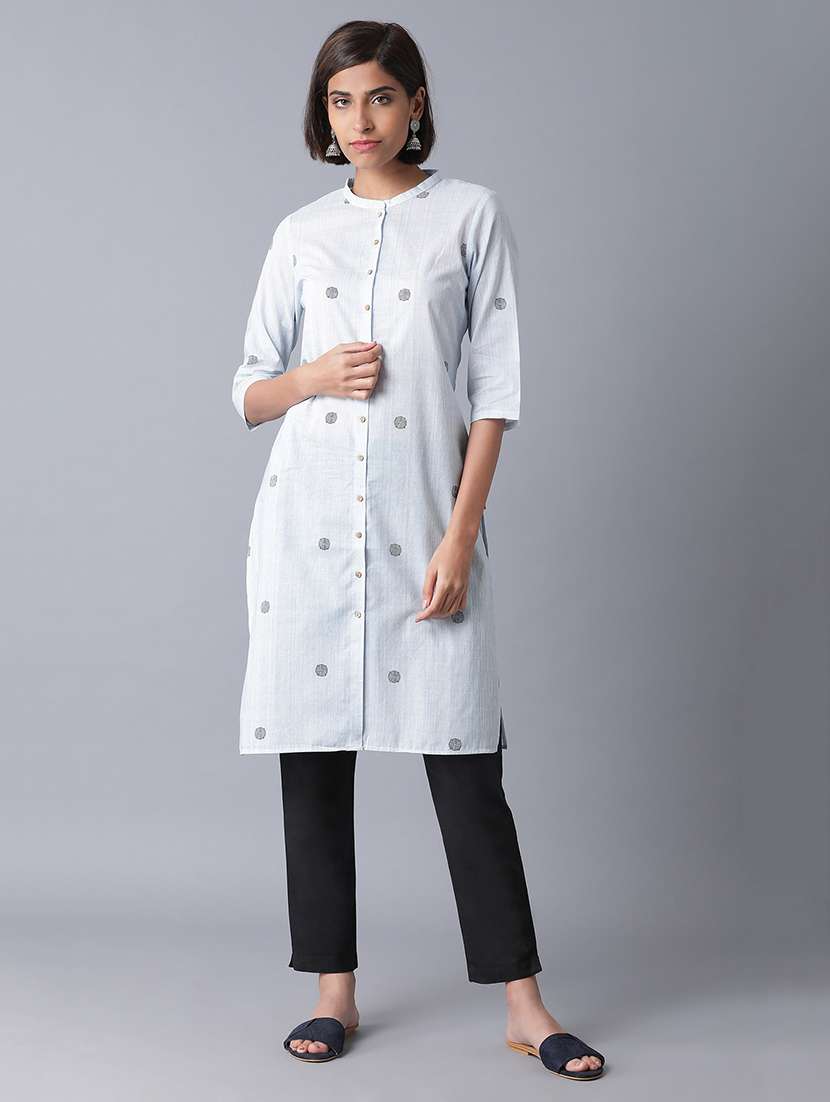 w women blue polka print cotton straight kurta