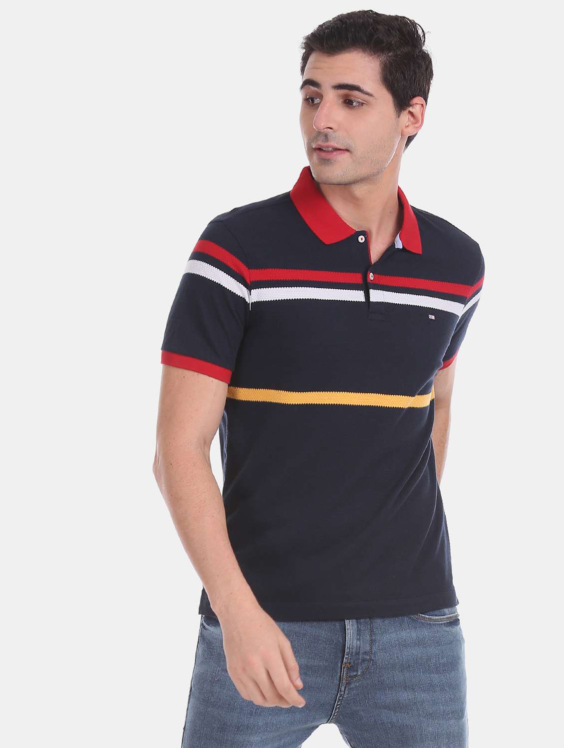 navy blue striped polo t-shirt