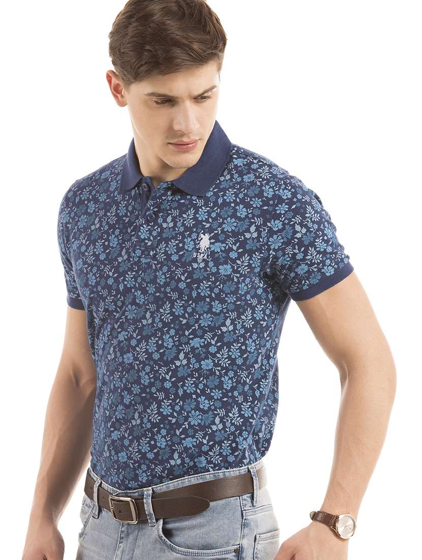 navy blue floral polo t-shirt 