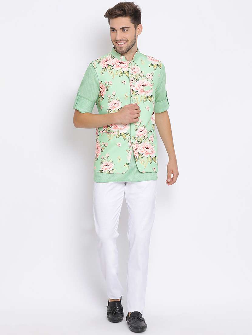 green solid silk blend kurta pant set with printed nehru jacket