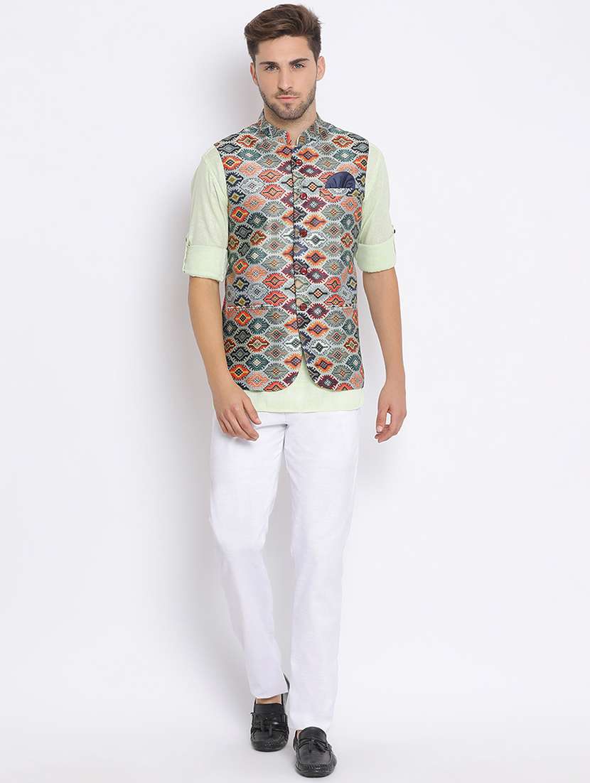 green solid silk blend kurta pant set with printed nehru jacket