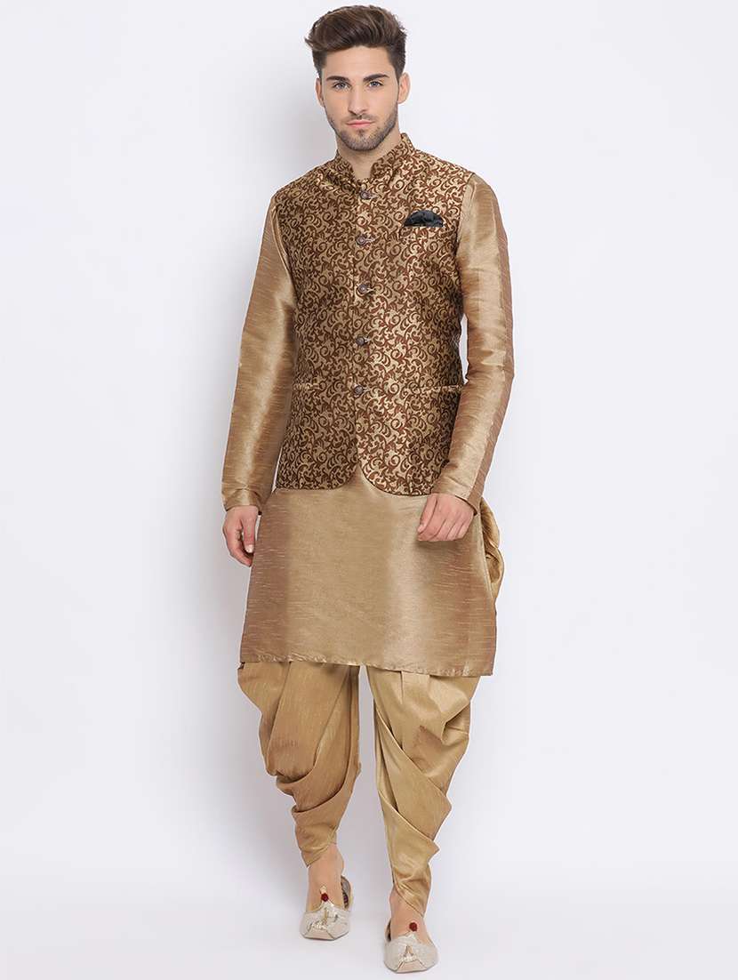 khaki dhoti kurta set with brocade nehru jacket 