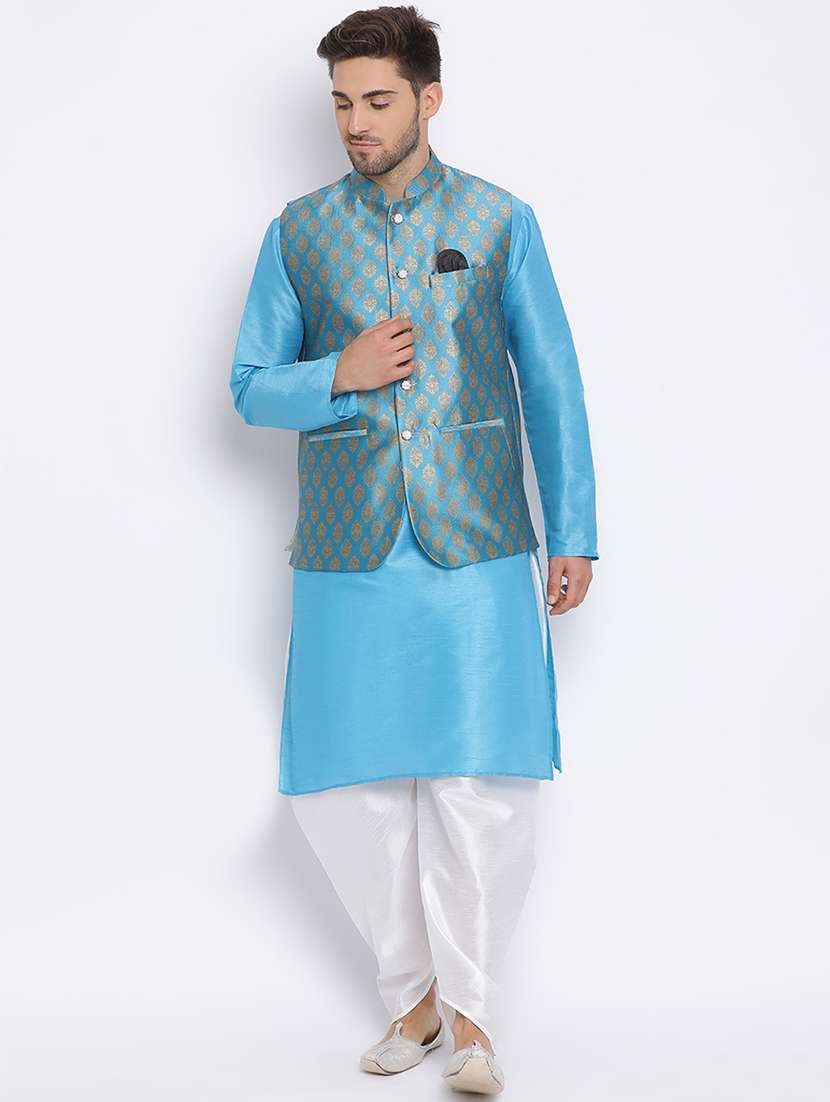 blue dhoti kurta set with blue printed nehru jacket 