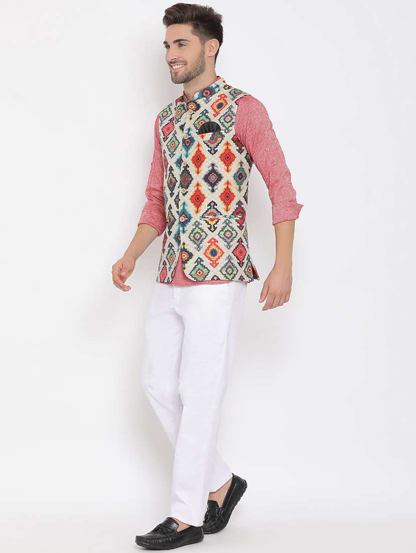 red solid silk blend kurta pant set with printed nehru jacket - 17633373 -  Standard Image - 2