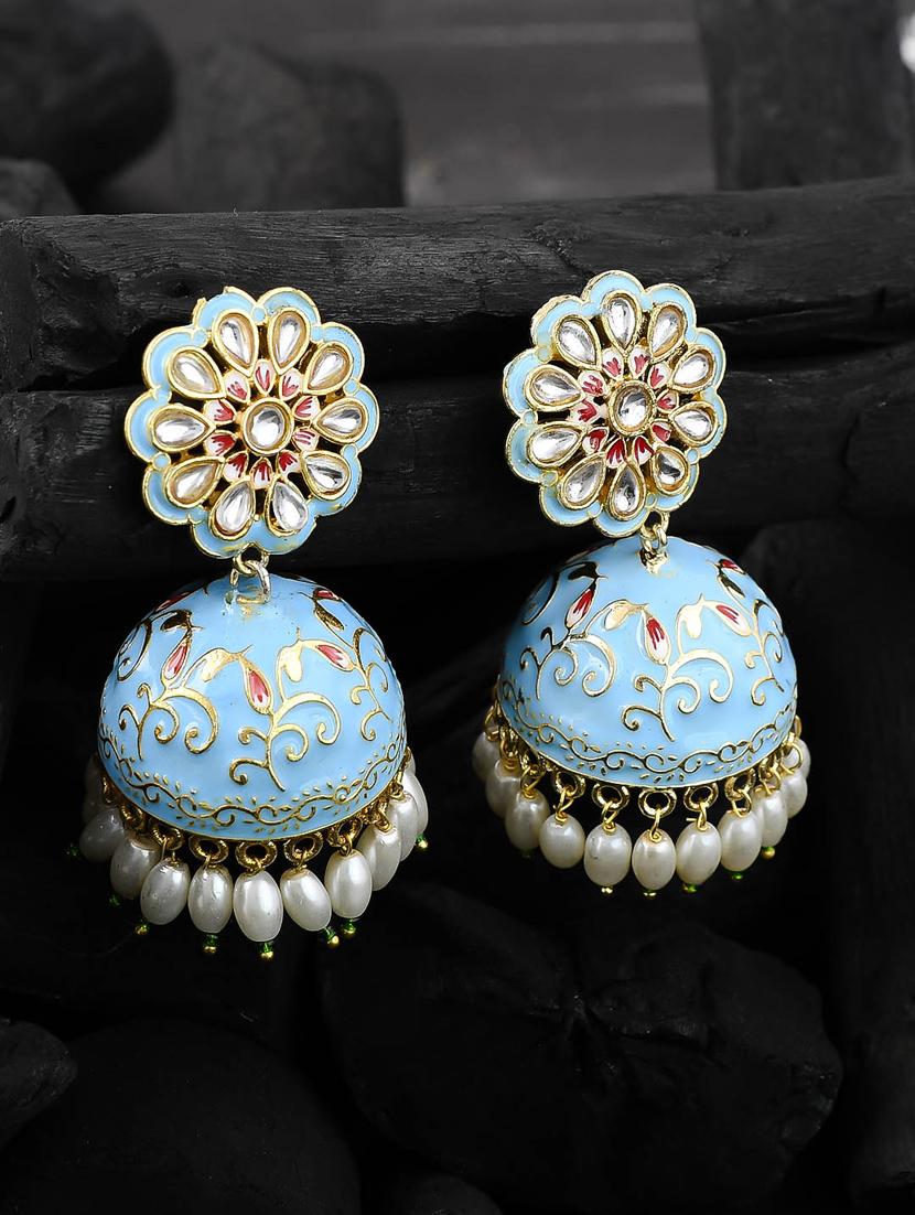 sky blue gold enameling kundan jhumki earrings - 17635699 - Zoom Image - 0