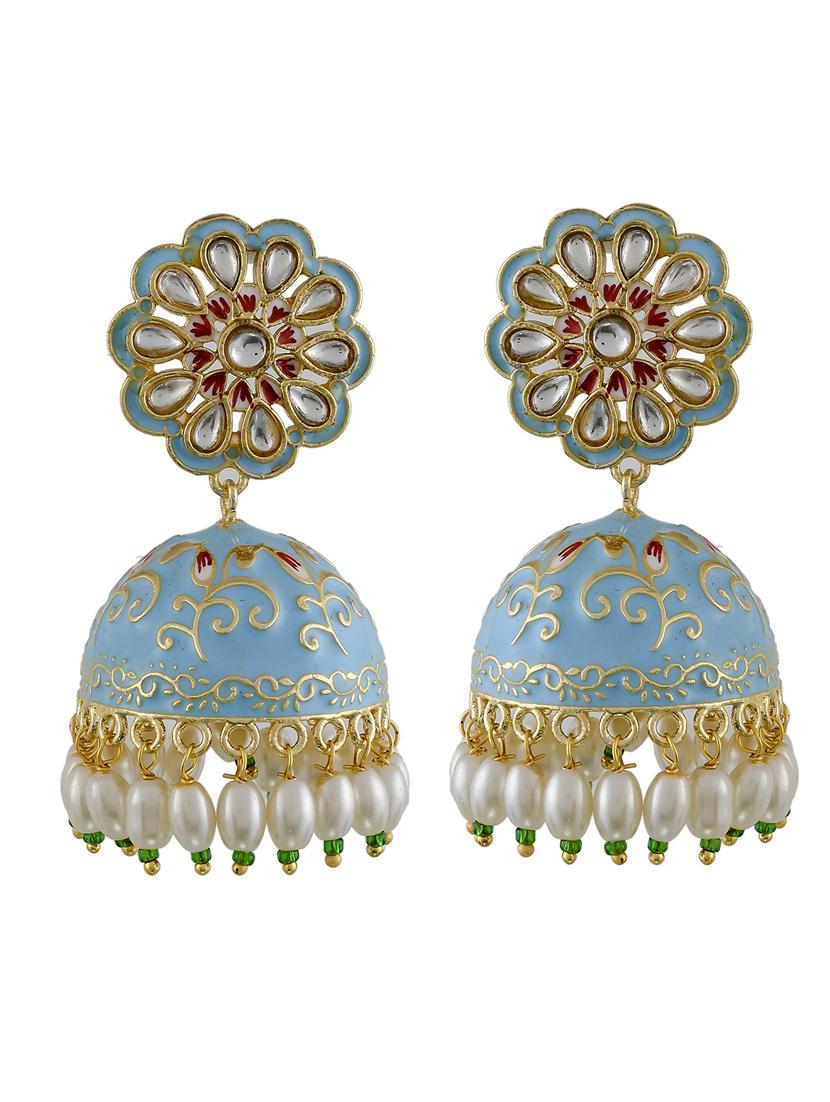 sky blue gold enameling kundan jhumki earrings - 17635699 - Standard Image - 2