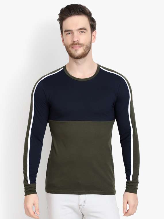 olive green color block cut & sew t-shirt