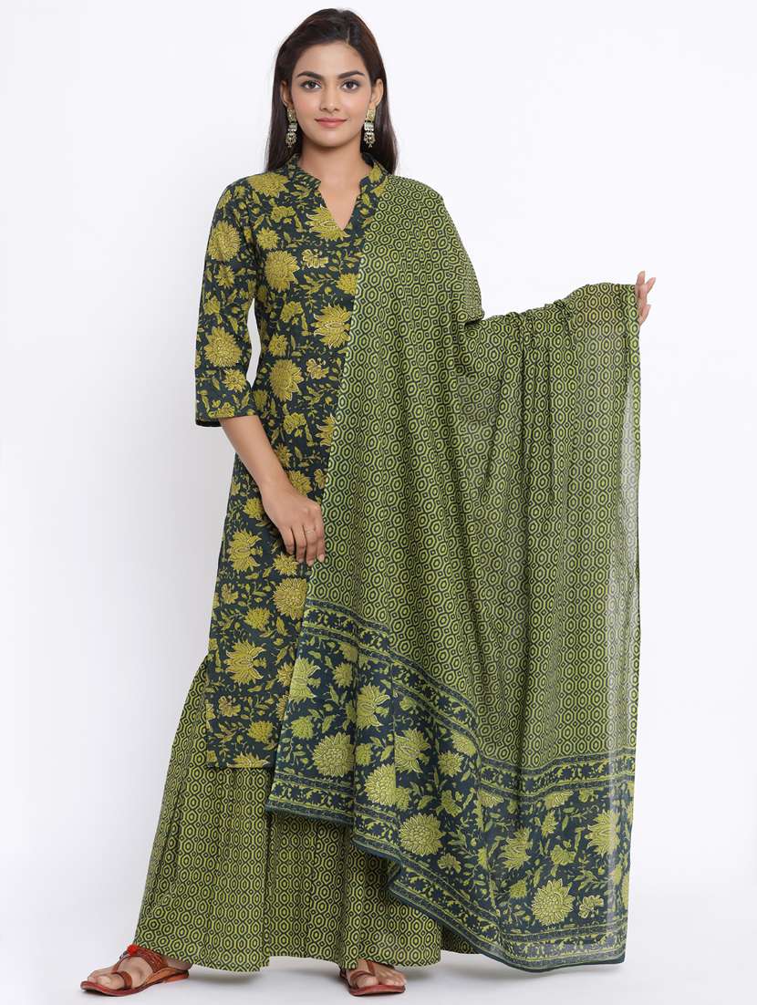 women three quarter sleeve kurta sharara with dupatta set