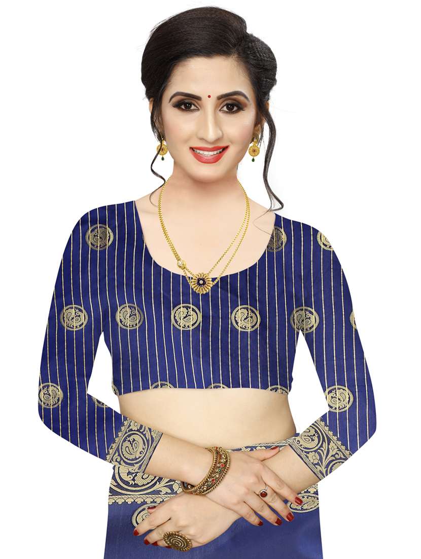 navy cotton blend saree with blouse - 17651270 - Standard Image - 2