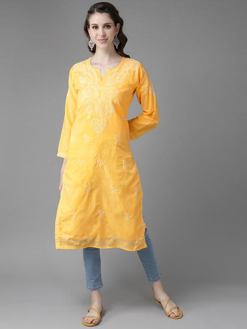 yellow  cotton straight chikankari kurta - 17655959 -  Standard Image - 0