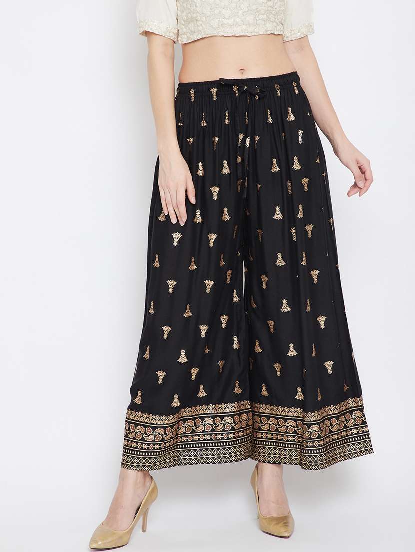 black foil print flared palazzo