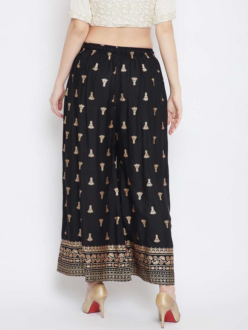 Black Foil Print Flared Palazzo