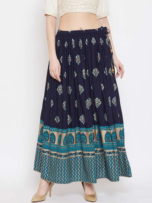 navy blue rayon flared skirt - 17659197 - Standard Image - 0