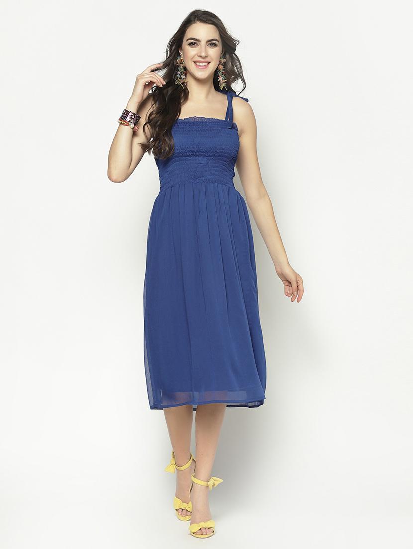 smocked detail solid midi dress - 17661252 - Zoom Image - 0