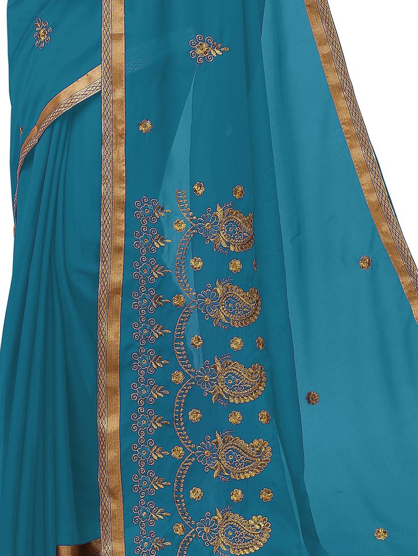 turquoise georgette embroidered saree with blouse - 17664507 - Standard Image - 2