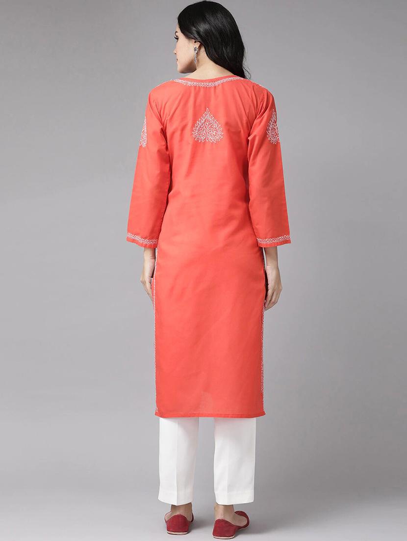 cotton orange chikankari knee length chikankari kurta - 17665891 - Standard Image - 2