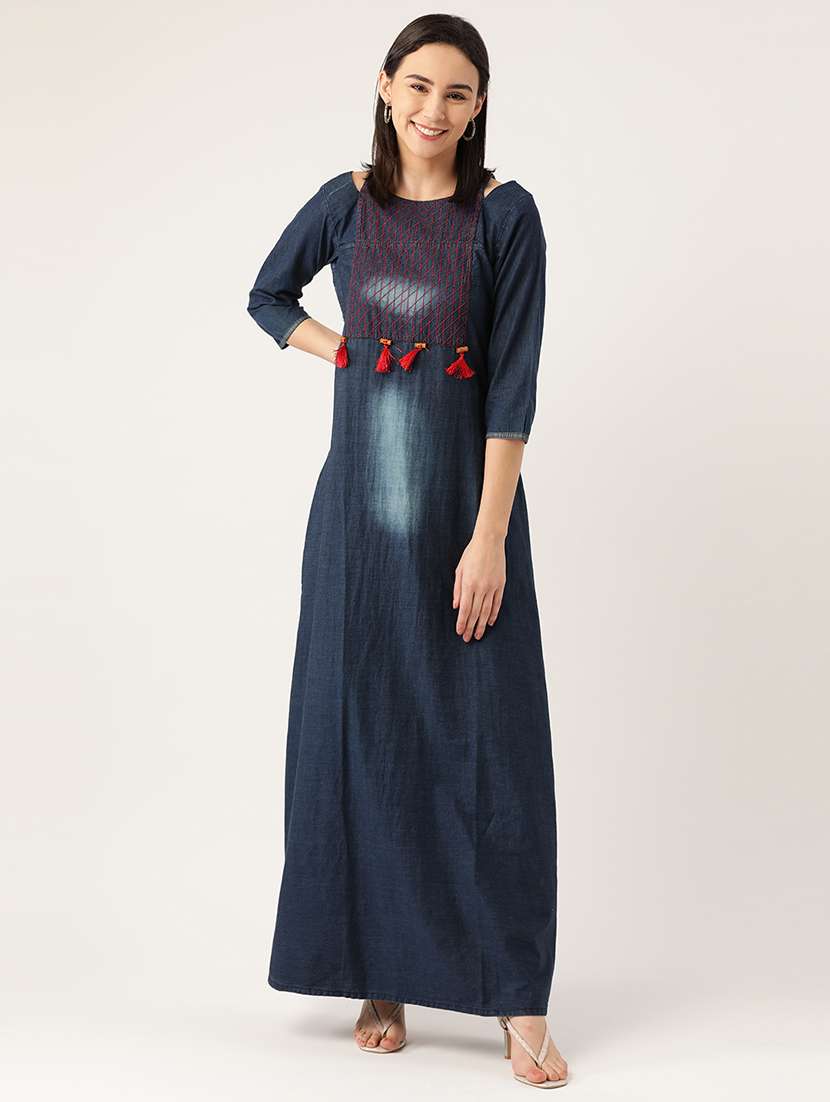 navy blue denim flared ethnic dress