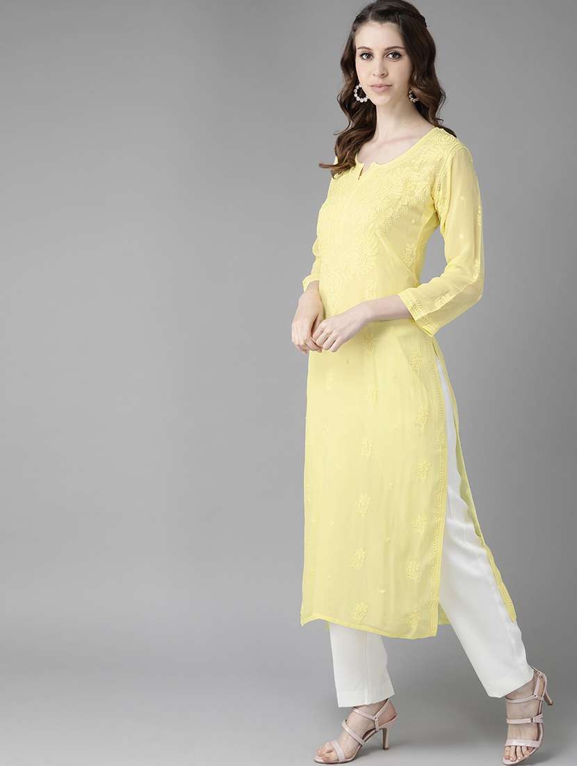 viscose knee length lemon sherbet color chikankari kurta - 17671434 - Zoom Image - 0