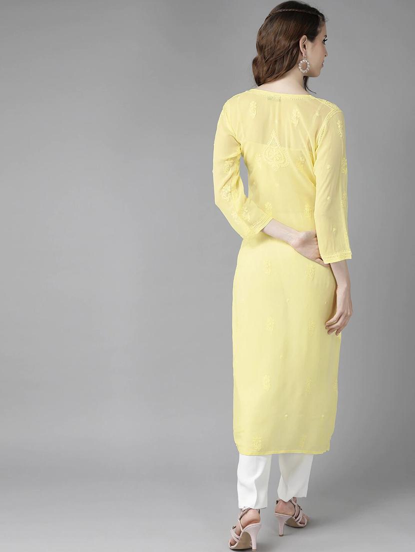 viscose knee length lemon sherbet color chikankari kurta - 17671434 - Standard Image - 2