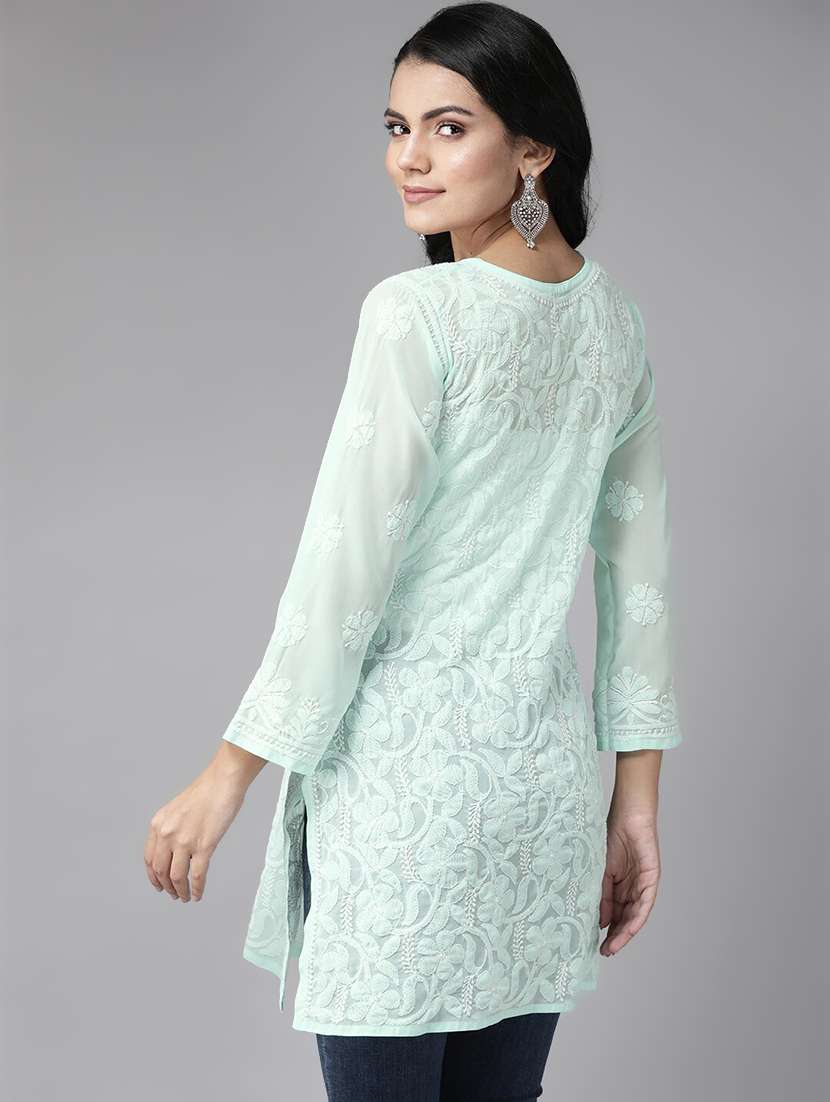 notch neck sea green chikankari kurti - 17678511 -  Standard Image - 2