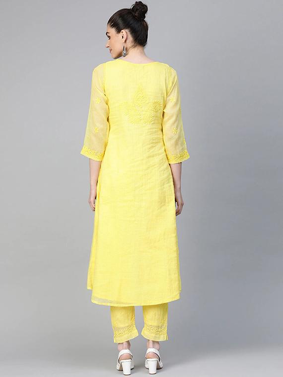 ada hand-embroidered yellow chikankari kurta pant set - 17679793 - Standard Image - 2