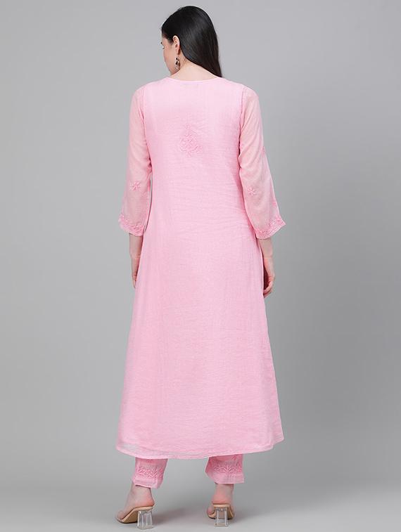 ada hand-embroidered pink chikankari kurta pant set - 17679794 - Standard Image - 2