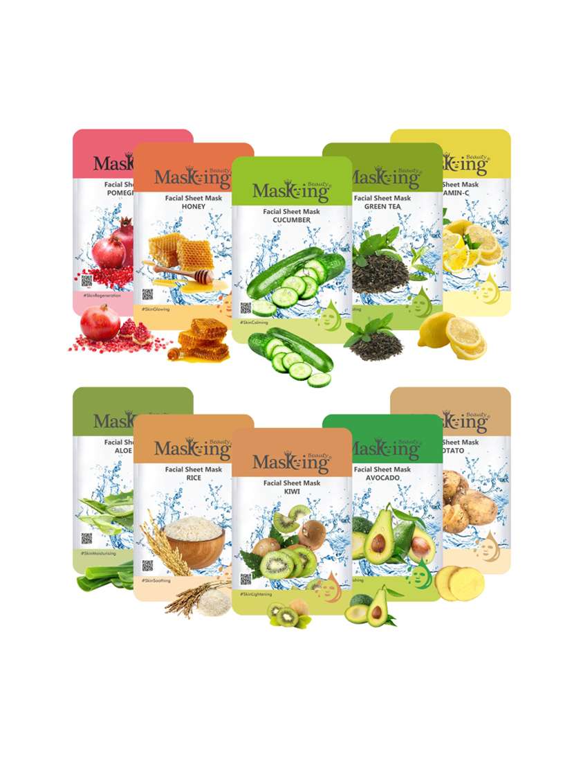 masking beauty facial sheet mask for skin lightening, glowing, nourishing &brightening for women & men, 200ml (combo pack of 10)