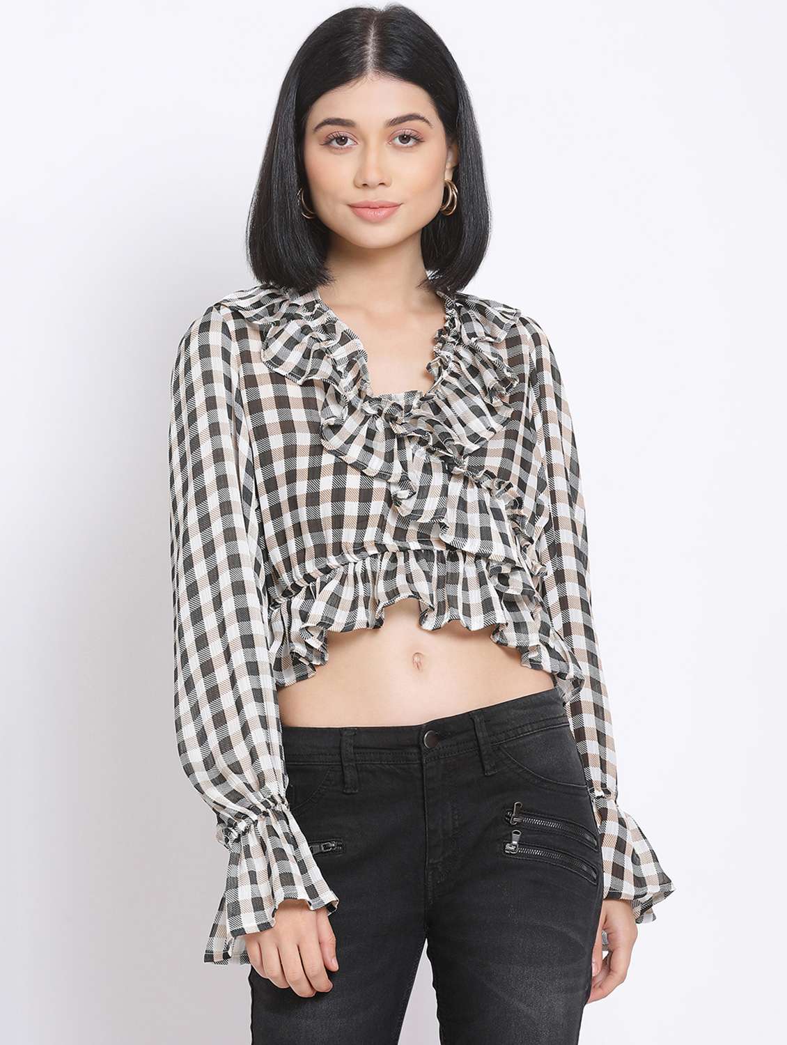 bell sleeved checkered crop top