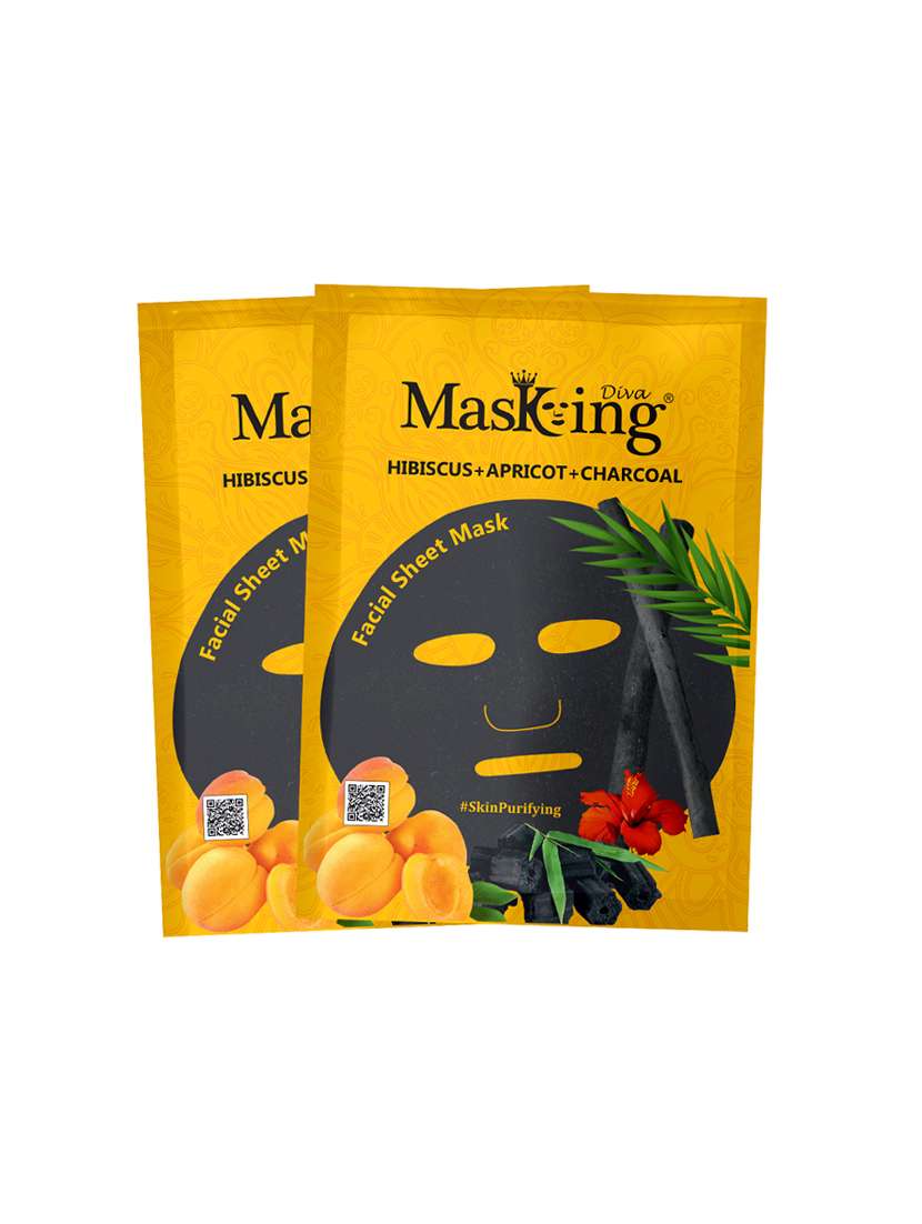 masking diva facial sheet mask of hibiscus, apricot and charcoal extract for skin purifying for women & men, 50ml (pack of 2)