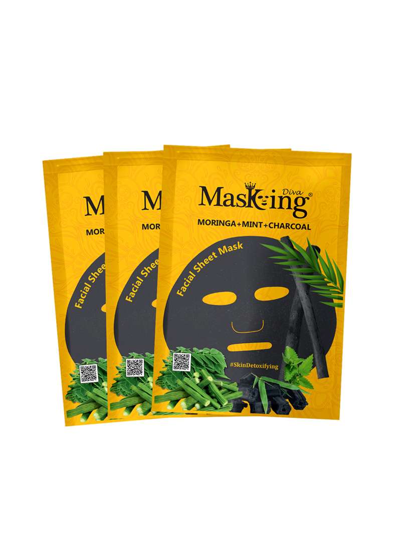 masking diva facial sheet mask of moringa, mint and charcoal extract for skin detoxifying for women & men, 75ml (pack of 3)