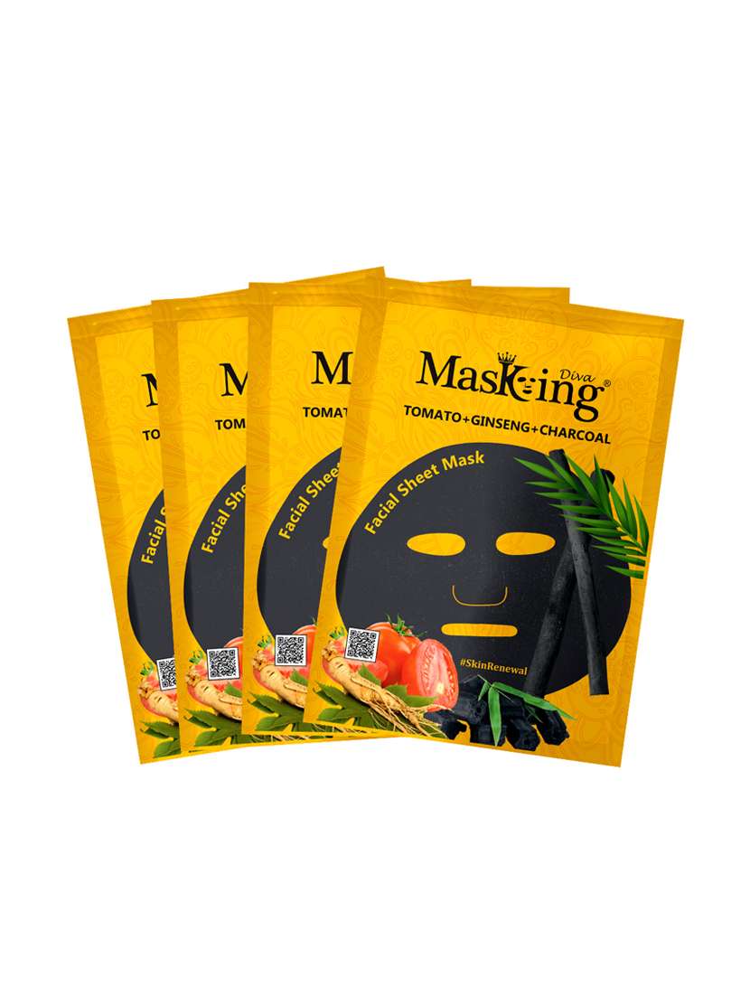 masking diva facial sheet mask of tomato, ginseng and charcoal extract for skin renewal for women & men, 100ml (pack of 4)