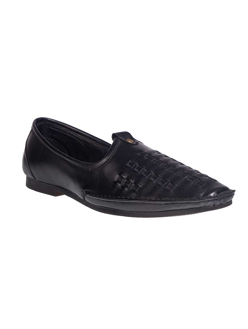 black synthetic slip on loafers