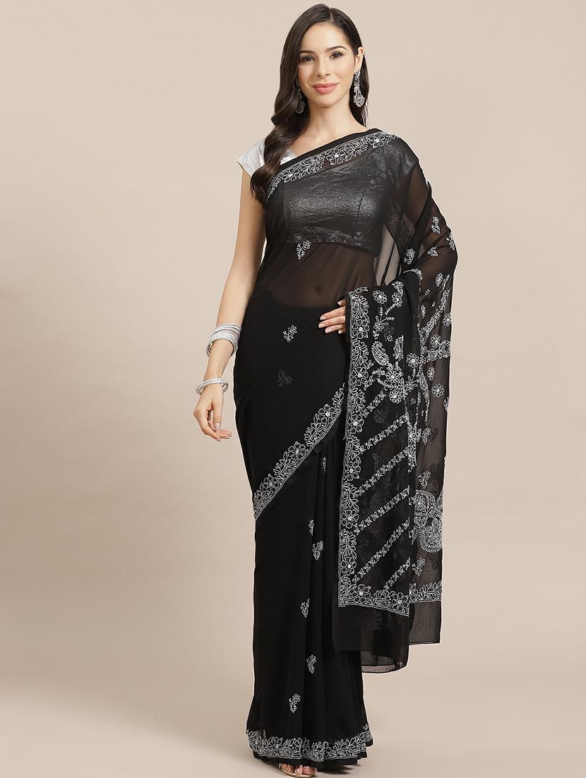ada hand-embroidered black chikankari saree with blouse - 17689302 - Zoom Image - 0