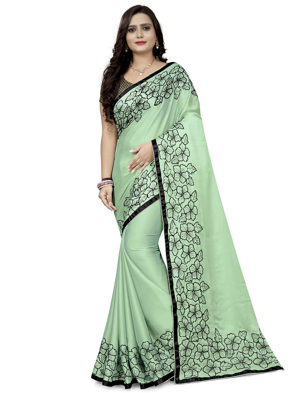 women's floral green colored saree with blouse
