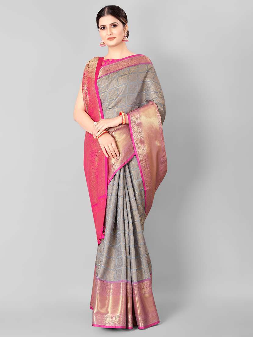 women's self design grey colored saree with blouse